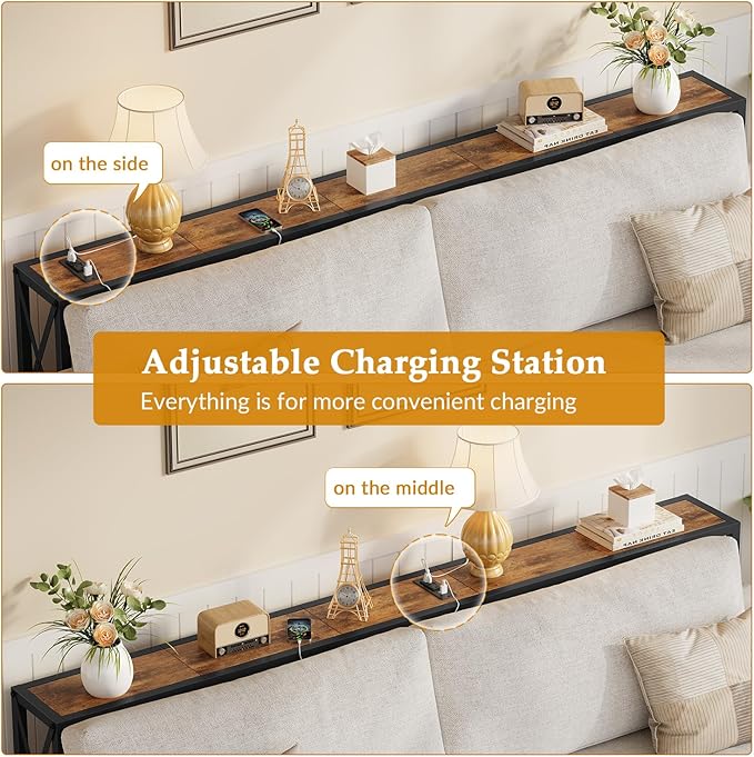 70 in Skinny Sofa Table Behind Couch, Console Table with Oulets & USB Ports for Hallway, Entryway,Living Room, Bedroom, Rustic Brown