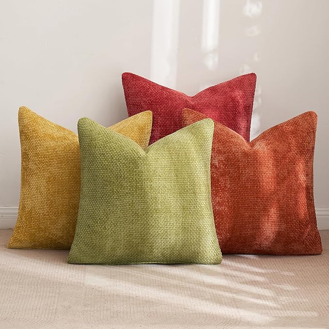 MIULEE Pack of 4 Fall Burnt Orange Couch Throw Pillow Covers 20x20 Inch Yellow Green Soft Decorative Chenille Pillows Farmhouse Accent Cushions for Boho Home Decor Spring Sofa Bedroom Living Room
