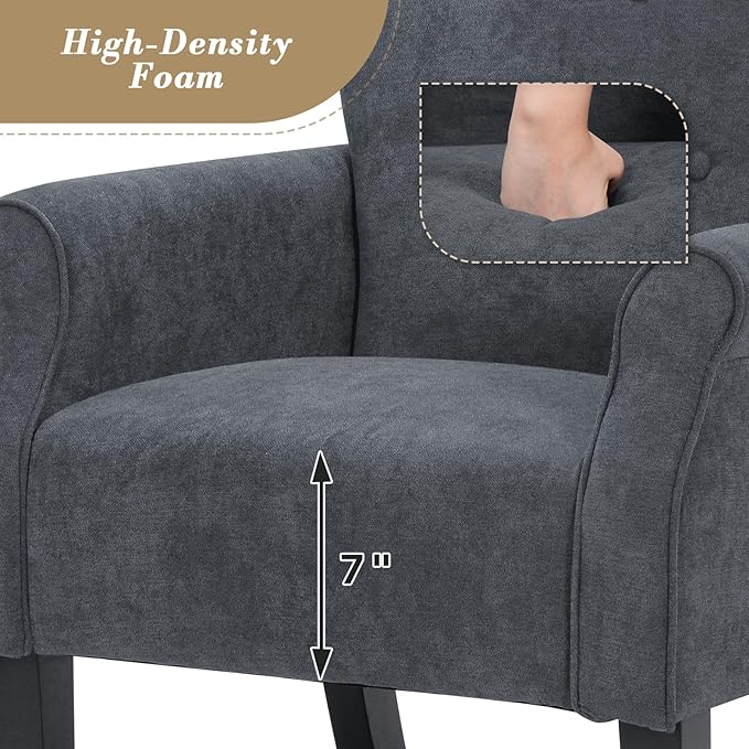 Athena Collection Mid Century Accent Chair with Rubberwood Legs, Upholstered Modern Armchair with High Back, Tufted Backrest and Angled Back Legs for Living Room, Bedroom, Vanity, Lava Gray