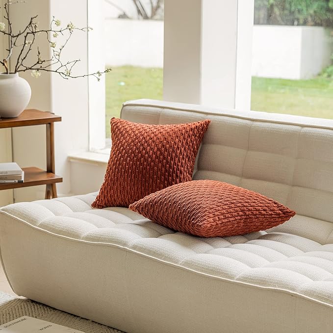 Kevin Textile Fall Corduroy Striped Soft Soild Decorative Square Throw Pillow Covers Set Autumn Cushion Cases Pillowcases for Sofa Bedroom 2 Pcs 16x16 Inch Burnt Brick