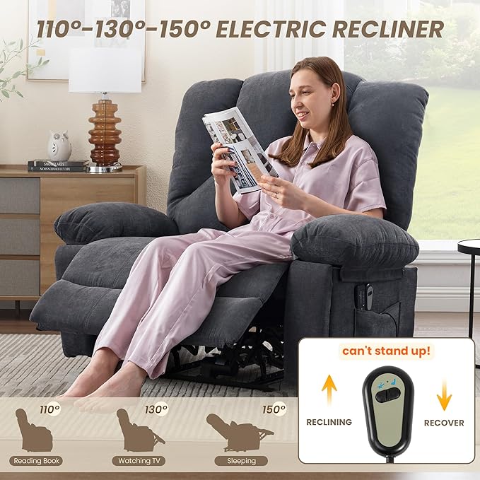 Oversized Power Recliner Chair 350lb with Hidable Cup Holders, Extra Wide Large Big Electric Recliner Chair with Lumbar Support Pillow Nursery Chair Living Room (Power, GREY-6001)