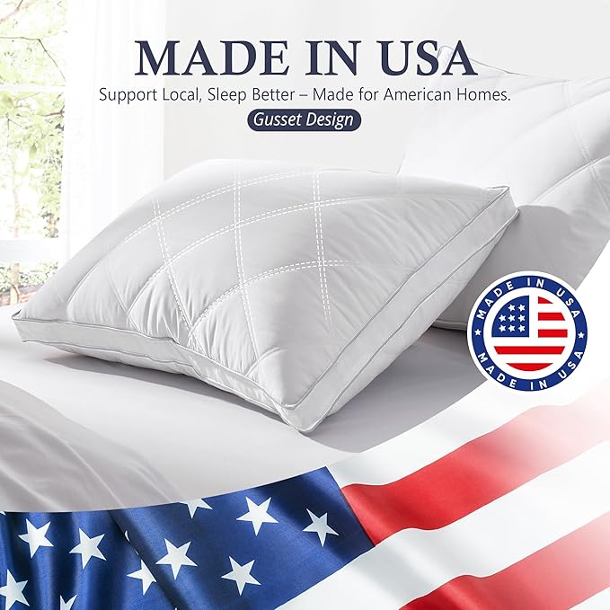 puredown® Goose Feathers and Down Pillows - Made in USA, Pillows King Size Set of 2, Hotel Pillow with 100% Cotton Cover, Luxury Gusseted Bed Pillows for Sleeping