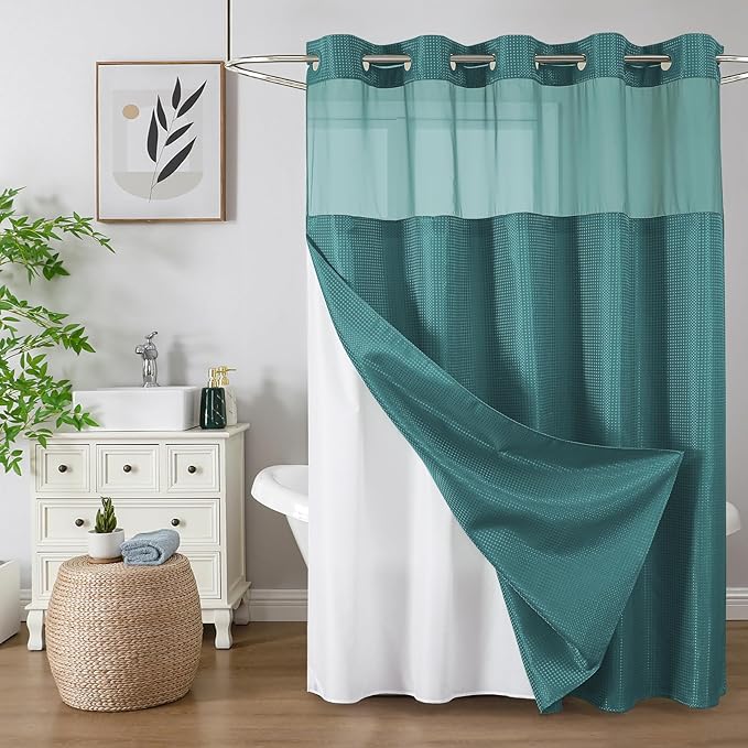 No Hook Shower Curtain with Snap in Fabric Liner, Waffle Weave Heavy Duty Thick Shower Curtains with Mesh Top Window, Hotel Style Waterproof Bathroom Curtain Set, 72 x 75 Inch, Seaweed Green