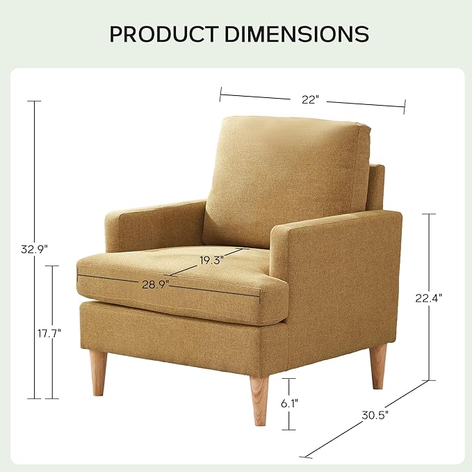 VKNOW Mid-Century Accent Chair, Modern Upholstered Chenille Armchair for Living Room,Comfy Reading Accent Chairs with Wood Legs for Bedroom, Yellow Polyester