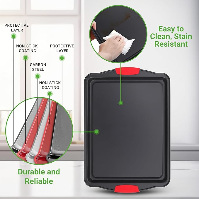 NutriChef Nonstick Baking Pans Set – 3-Piece Carbon Steel Cookie Sheet Set with Red Silicone Handles, Small, Medium, Large Stackable Trays, Oven and Dishwasher Safe Design for Cakes, Cookies and More