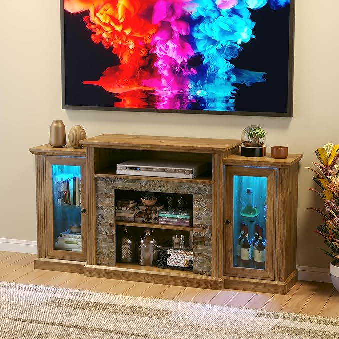 59 inch TV Stand, Farmhouse Entertainment Center with LED Lighted Display Cabinets, Console Table with Faux Flat Stone Texture for Living Room Bedroom,Antique Pine