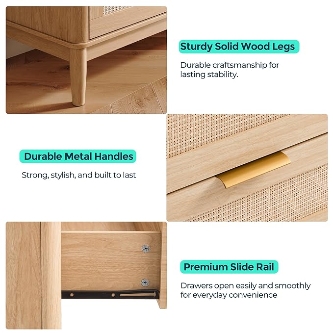 LINSY HOME Rattan Dresser for Bedroom with 6 Drawers, 47" Wide Chest of Drawers, Mid Century Modern Dresser TV Stand with Metal Handle, Wood Closet Storage Cabinet for Living Room, Hallway, Oak