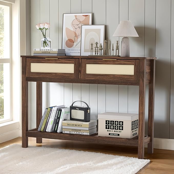 Console Tables with 2 Drawers,Rattan Entryway Table with Storage Shelf,Wood Boho Foyer Tables for Entryway,Farmhouse Console Tables for Living Room,Hallway, Sofa Table,Study Or TV Wall