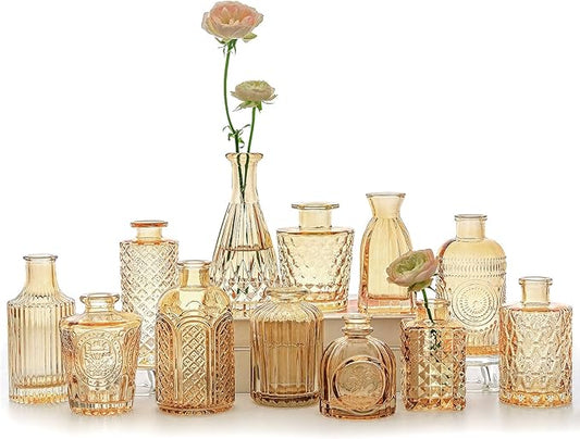 12pcs Glass Bud Vase Set, Small Gold Amber Flower Vases for Centerpieces in Bulk, Mini Vintage Vase for Wedding, Home,Table Decoration