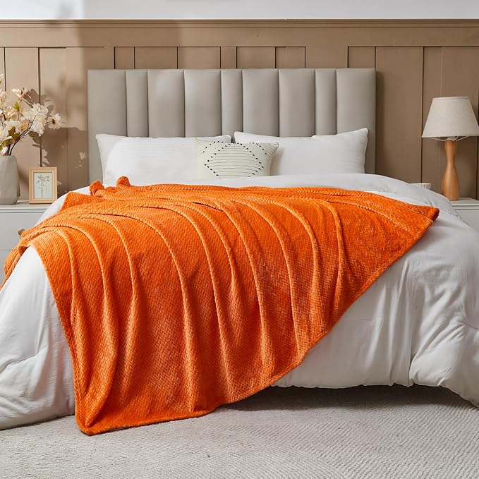 NEWCOSPLAY Super Soft King Blanket Orange Premium Silky Flannel Fleece Leaves Pattern Lightweight Bed Blanket All Season Use (Orange, King(90"x110"))
