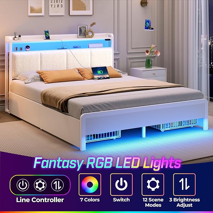 Rolanstar Bed Frame Full Size with Charging Station and LED Lights, Upholstered Storage Headboard with Drawers, Heavy Duty Metal Slats, No Box Spring Needed, Noise Free, Easy Assembly, White