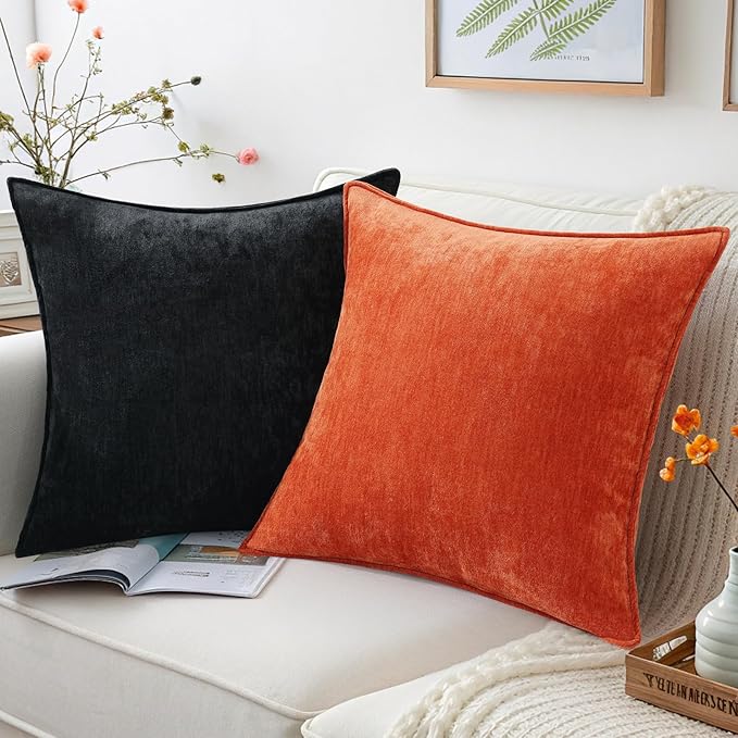 decorUhome Couch Throw Pillow Covers 24x24 Set of 2, Decorative Soft Euro Neutral Chenille Pillow Covers with Elegant Design for Sofa Bed Living Room Home Decor, Black