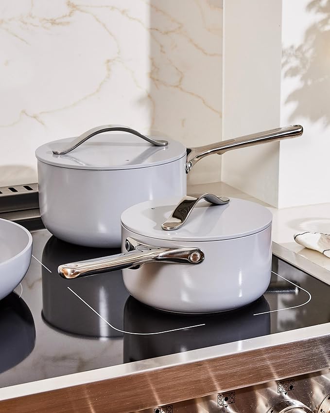 Caraway Nonstick Ceramic Sauce Pan with Lid (1.75 qt) - Non Toxic, PTFE & PFOA Free - Oven Safe & Compatible with All Stovetops (Gas, Electric & Induction) - Marigold