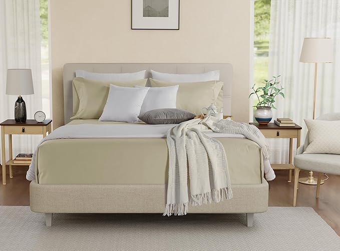 100% Egyptian Cotton Bed Sheets, Certified 800 Thread Count Deep Pocket Full Sheets, Elasticated Sheet & Pillowcase Sets, Soft & Comfy Naturally Cool Luxury Bedding, Fits up to 17" - Linen