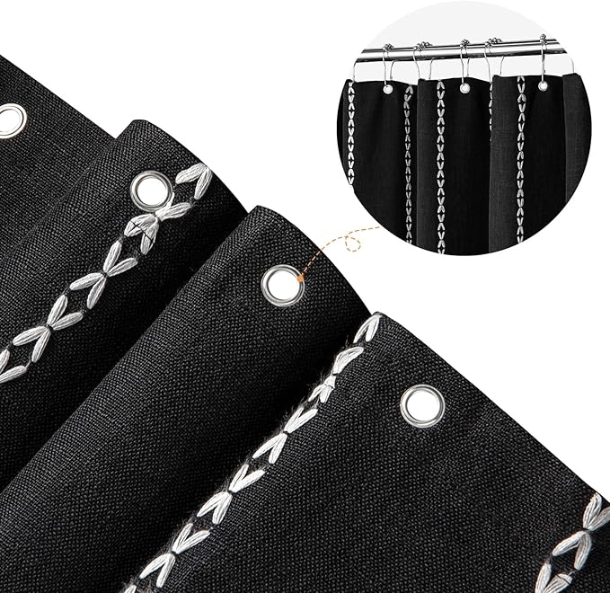 MitoVilla Boho Long Shower Curtain 72 x 78, Black Farmhouse 78 inch Long Polyester Linen Fabric Shower Curtains with Tassel for Chic Cottagecore French Rustic Bathroom Decor