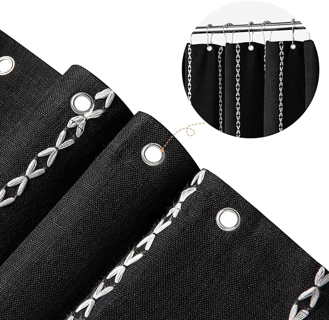 MitoVilla Black Boho Fabric Shower Curtain, Modern Farmhouse Polyester Linen Shower Curtains for Vintage Rustic Bathroom Decor, Country Tassel Thick Cloth Shower Curtain, 72 x 72