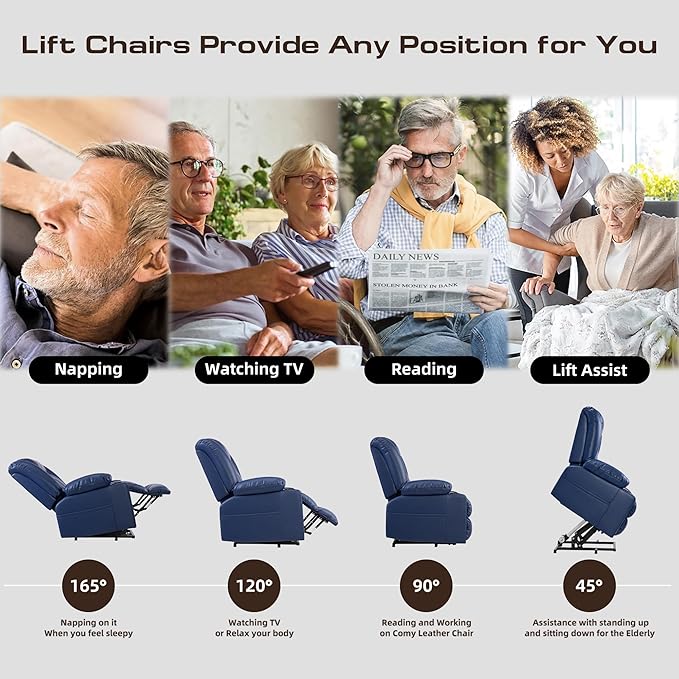 Large Power Lift Chairs Recliners for Elderly with Massage and Heat, Overstuffed Wide Lift Chair of Breathable Leather, OKIN Motor, USB-A & USB-C, 2 Cup Holder,2 Side Pocket Blue