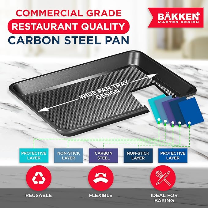 BAKKEN Kitchen Baking Pans - Nonstick Gray Coating, 13.58’’ × 9.65’’ Commercial Grade Carbon Steel Cookie Sheet, Diamond Texture Bottom, PFOA, PFOS, PTFE Free, Oven Safe Tray (450°F), Gray