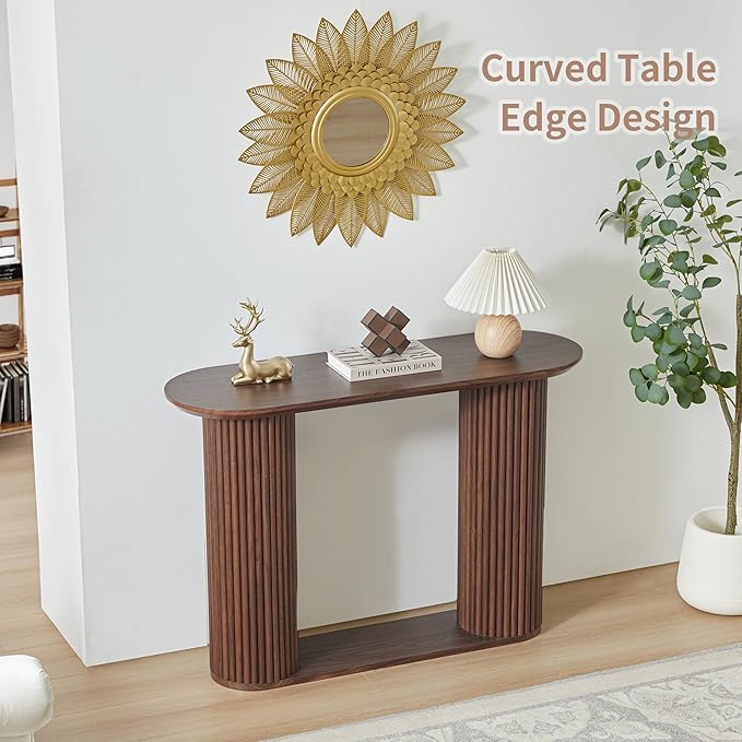 Fluted Console Table, Farmhouse Oval Curved Entryway Table with Storage and Fluted Wood Legs, Narrow Small Long Entry Sofa Table for Entrance, Hallway, Living Room (Walnut)