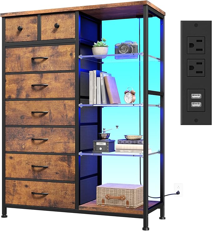 EnHomee Dresser for Bedroom with LED Lights & Power Outlets Tall Dresser with 8 Drawers Fabric Dressers & Chests of Drawers for Bedroom, Closet, Sturdy Metal Frame, Acrylic Plates (Rustic Brown)