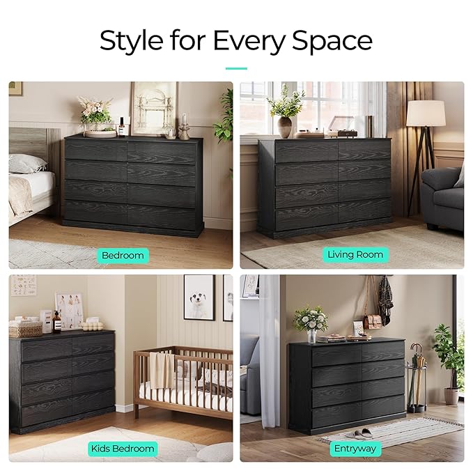 LINSY HOME 8 Drawer Dresser for Bedroom, 53" Wide Chest of Deep Drawers, Modern Farmhouse TV Stand Dressers with Storage, Large Drawer Organizer for Bedroom, Living Room, Handless Design, Black