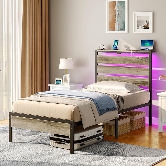 Rolanstar Bed Frame Twin Size with USB Charging Station, LED Bed Frame with Wood Storage Headboard, Light Grey Metal Platform Bed with Under Bed Storage, No Box Spring Needed, Noise Free