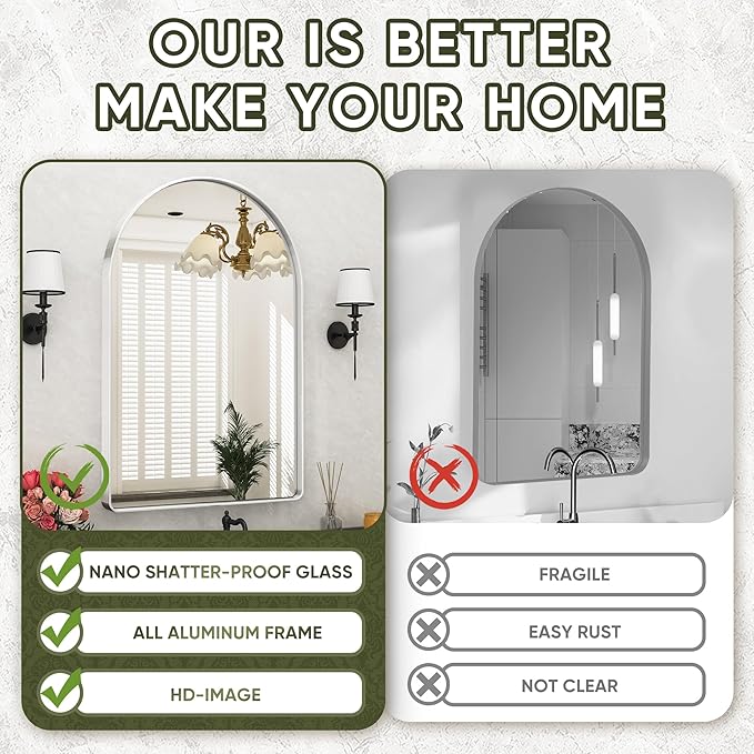 Suidia 24" x 36" Bathroom Mirror, Bathroom Vanity Mirror Metal Framed, Wall-Mounted Mirrors for Bedroom, Living Room, Entryway, Hallway, Silver, Arch Style