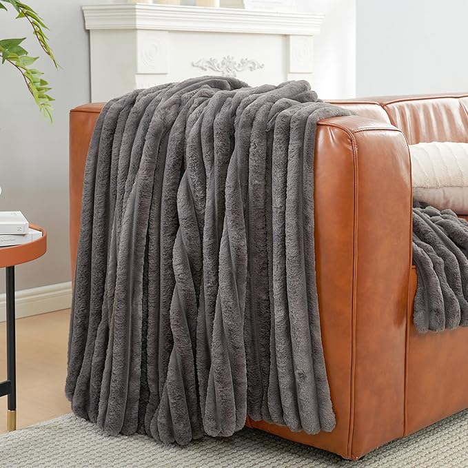 Amélie Home Faux Fur Throw Blanket for Couch, Cozy Fuzzy Fluffy Fur Luxurious Soft Striped Plush Gift Blankets for Family Sofa Chair Bed Living Room Bedroom, 55"x70", Charcoal Grey