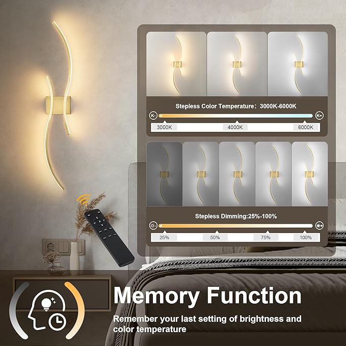 Battery Operated Wall Sconces Set of Two with Remote Control, Stepless Colors 3000K-6000K & Dimming, LED Brass Wireless Wall Light for Living Room, Hallway, Bedroom, 39.3 Inch (2 Pack)