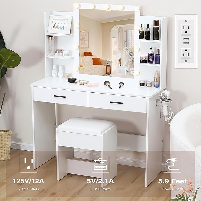 Vanity Desk with Mirror and Lights, 3-Color Lights Adjustable Brightness, White Vanity Makeup Desk with Drawer & Charging Station, Large Dressing Table Make Up for Bedroom