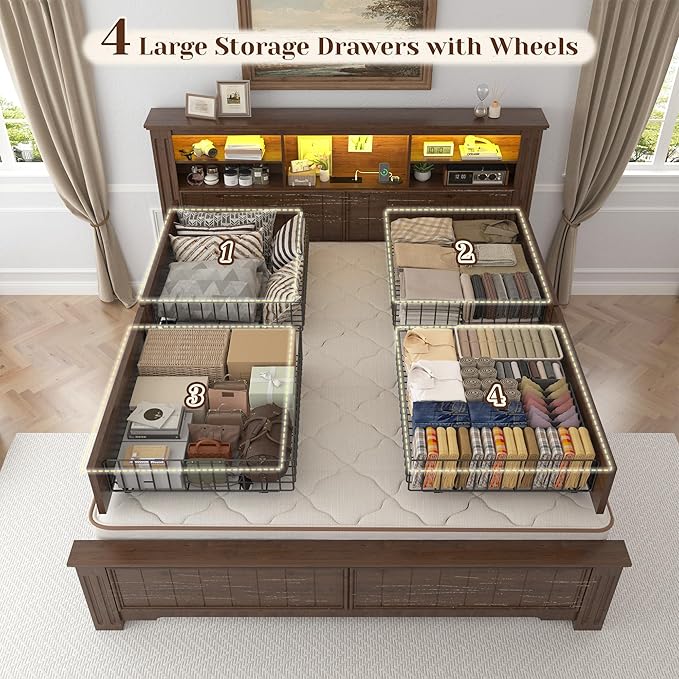 EnHomee Full Size Bed Frame with Headboard and Storage, 4 Drawers and LED Built in Charging Station Full Bed Frame with Storage Farmhouse, NO Noise,No Box Spring Needed,Brown