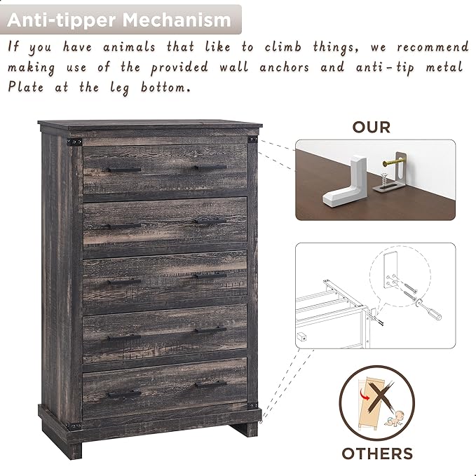 T4TREAM Farmhouse 5 Drawers Dresser for Bedroom, 48" Tall Wood Chest of Drawers w/Natural Texture & Metal Handle, Rustic Storage Dressers Organizer for Living Room, Hallway, Dark Rustic Oak