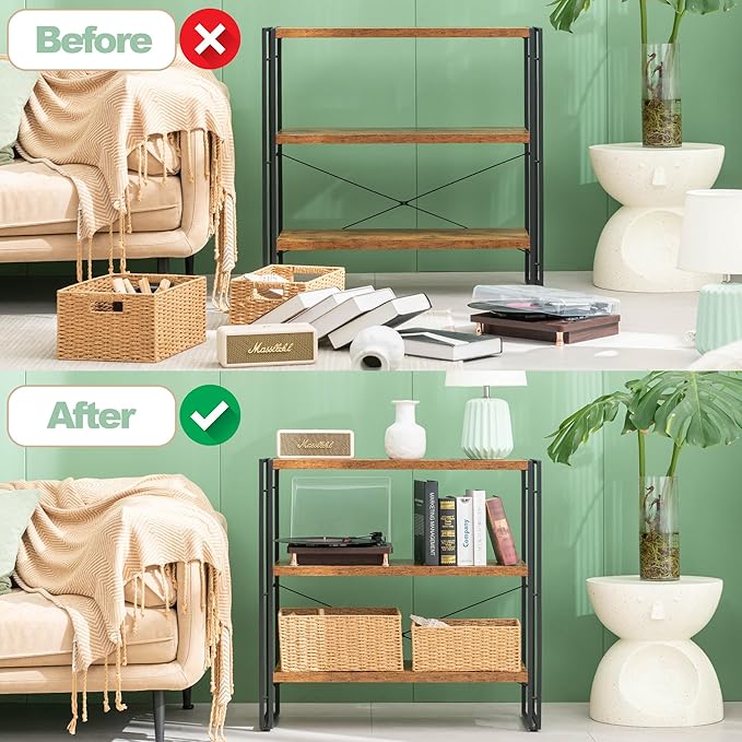 HCHQHS Bookshelf, 3-Tier Industrial Bookcase, Rustic Open Book Shelf, Freestanding Horizontal Bookshelves with Metal Frame