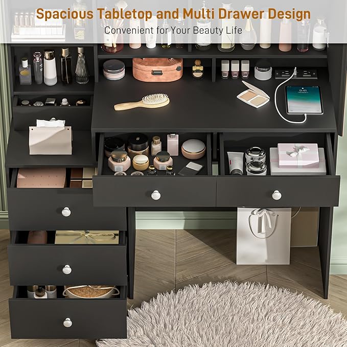Vabches Makeup Vanity with LED Lights Mirror and Charging Station, Vanity Desk with Multiple Shelves and Drawers, Dressing Desk with 3 LED Light Models for Bedroom, Black