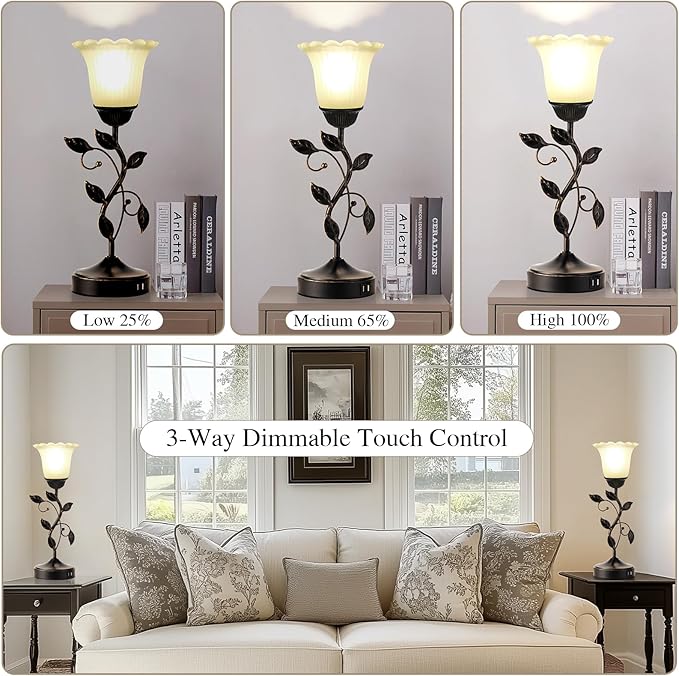 RORIANO Set of 2 Touch Bedside Vintage Lamps with 2 USB Ports, 3-Way Dimmable Flower Lamps, White Glass Shade Rustic Leaf Lamp for Bedroom Side Table, LED Bulb Included