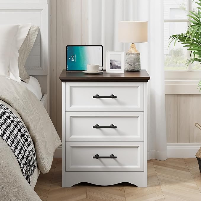 Farmhouse Nightstand with Charging Station, 19.7" End Table with 3 Drawers Storage, White Wooden Night Stand, Bedside Table with Unique Base Design, 3 Drawer Dresser for Bedroom, Living Room