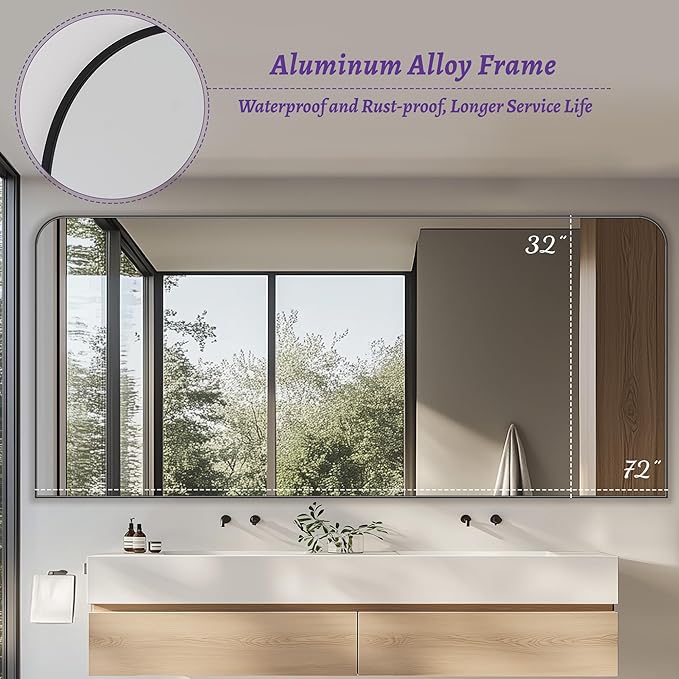 Bathroom Mirror, Wall Mirrors, Black Metal Framed Wall-Mounted Mirrors, Bathroom Vanity Mirror for Over Sink, Living Room, Bedroom, Entryway, 72x32 Inch, Black