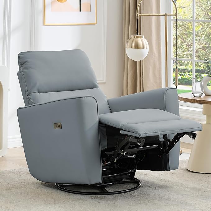 GarveeHome Power Recliner Chair Swivel Glider Upholstered Faux Leather Nursery Rocker Reclining Sofa Chair with Charging Port, Curved Armrests & Padded Backrest (Light Gray)