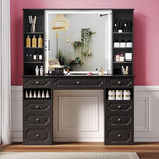 Makeup Vanity with 30" HD Lighted Mirror, 47" Large Vanity Desk with 9 Drawers & 10 Open Storage Shelves, Brightness Adjustable, Dressing Table for Bedroom, Women Girl (Black, B Panel)
