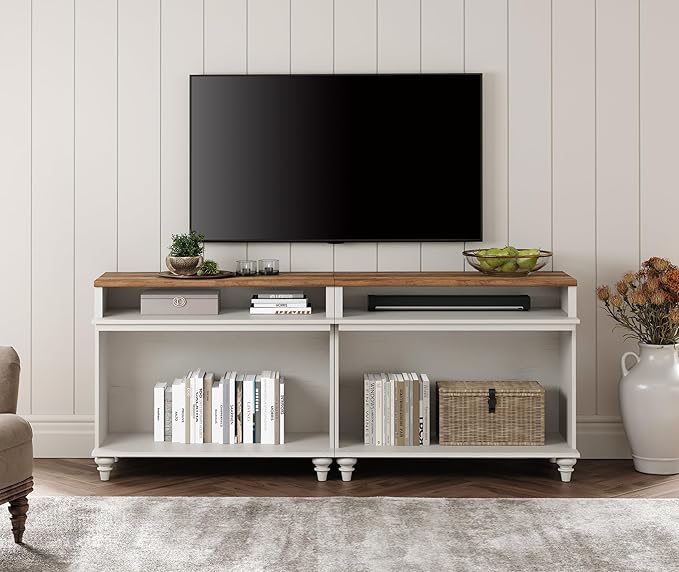 WAMPAT Farmhouse TV Stand for 75 inch TV, Wood Universal TV Stand with Storage Shelfves, Highboy Entertainment Center TV Console Table, White