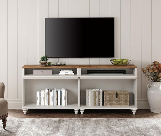 WAMPAT Farmhouse TV Stand for 75 inch TV, Wood Universal TV Stand with Storage Shelfves, Highboy Entertainment Center TV Console Table, White