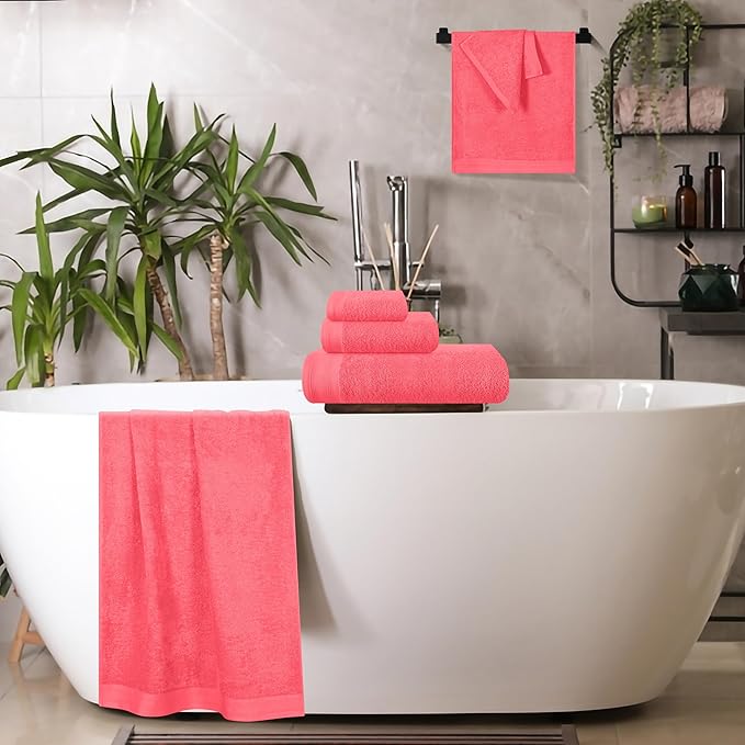 Ultra Soft 6 Pack Cotton Towel Set, Contains 2 Bath Towels 28x55 inch, 2 Hand Towels 16x24 inch & 2 Wash Coths 12x12 inch, Ideal Everyday use, Compact & Lightweight - Coral Orange