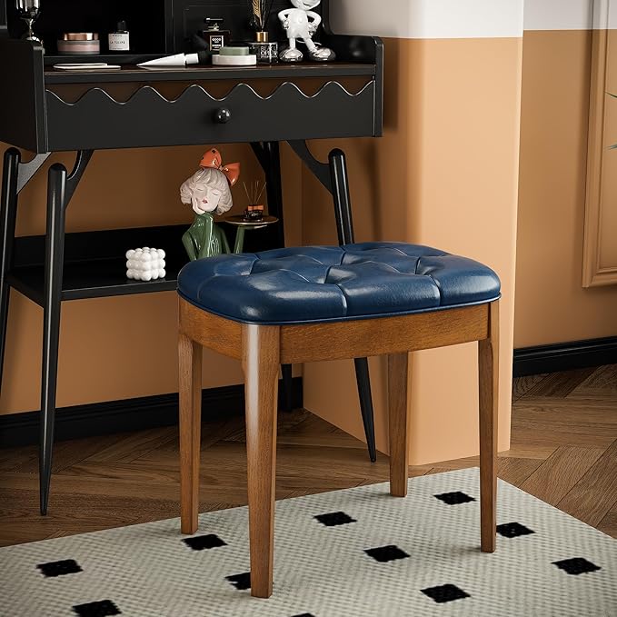 Solid Wood Button Tufted Vanity Stool, Ottoman Stool with Wood Legs & Padded Seat PU Leather Upholstered Piano Bench with Non-Slip Foot Pads Accent Stool for Bedroom Entryway, Blue