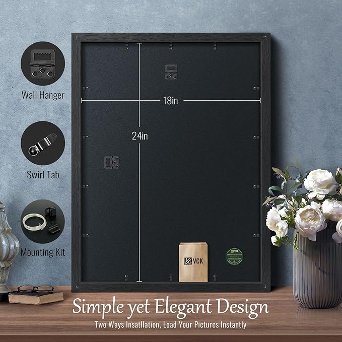 VCK 18x24 Poster Frame Set of 2 - Black, Textured Exclusive Solid Wood Picture Frames with Polished Plexiglass