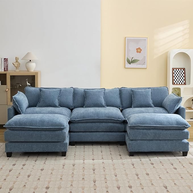 111'' Sectional Cloud Deep Seat Couch, Oversized Chenille U Shaped Sectional Sofa for Living Room Set, Comfy Upholstered Modular 5-Seats Sectional Sofa Couch with 2 Movable Ottoman,Blue