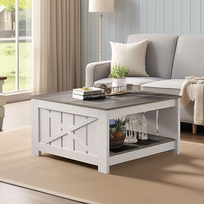YITAHOME Coffee Table Farmhouse Coffee Table with Storage Rustic Wood Cocktail Table, Square Coffee Tables for Living Meeting Room with Half Open Storage Compartment, Light Brown and White