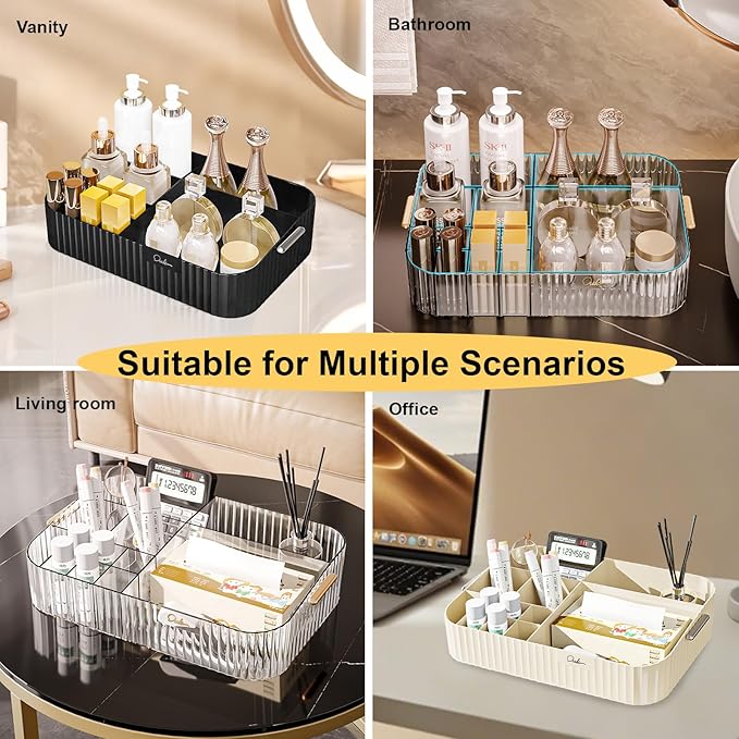 DASITON Large Capacity Makeup Organizer,12 Slots Makeup Brush Holder,Makeup Storage with Handle,Vintage Striped Cosmetic Organizer for Bathroom Countertops,Desk Storage Container(Clear)