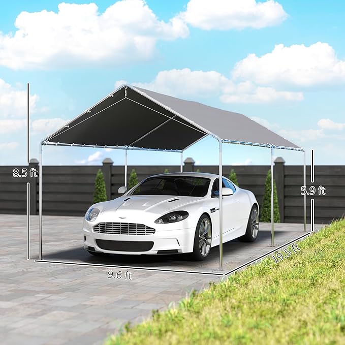 Outsunny 10'x20' Carport Heavy Duty Galvanized Car Canopy with Included Anchor Kit, 3 Reinforced Steel Cables, Grey