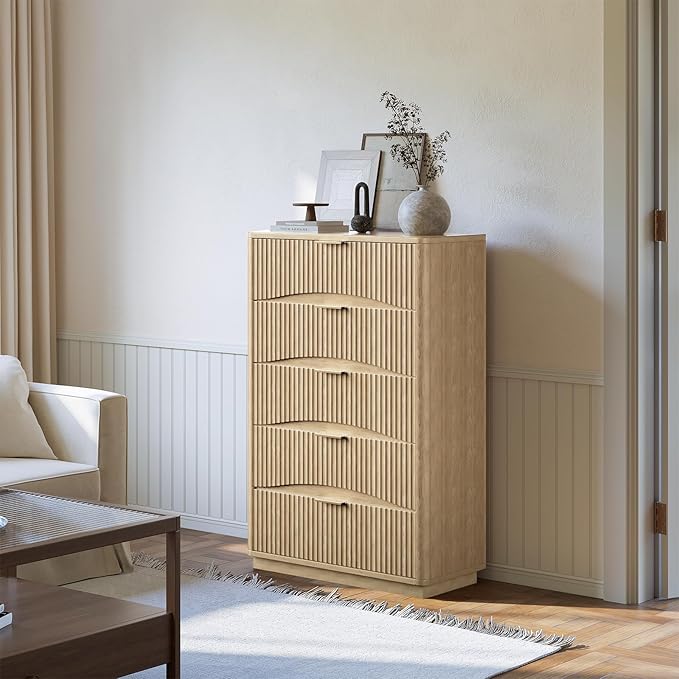 Fluted 5 Drawers Dresser, 47" Tall Wooden Dressers Storage Organizer,Modern Chest of Drawers for Bedroom with Deep Storage, Living Room,Entryway, Natural Oak