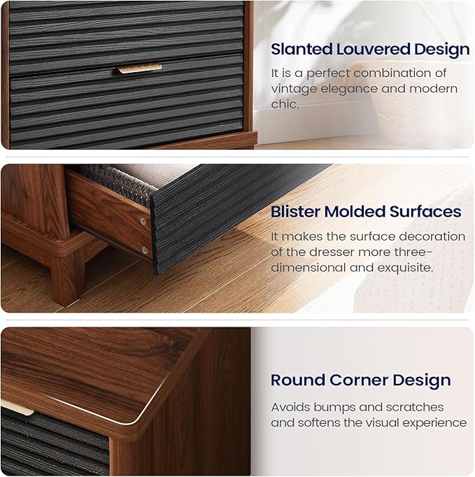 AOGLLATI Black Dresser for Bedroom with Slanted Louvre Design,Retro Chest of Drawers with Charging Station, Wooden Wide Led 6 Drawer Dresser for Bedroom,Living Room, Hallway, Black & Brown